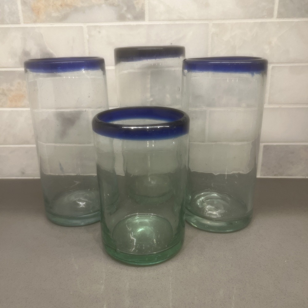 4 Four Highball Mexican Glass Hand Blown Blue Rim